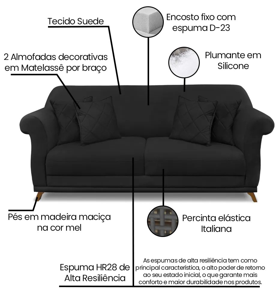 Sofá 2 Lugares Pé de Madeira Julieta 160 cm Suede S04 - D'Rossi - Preto