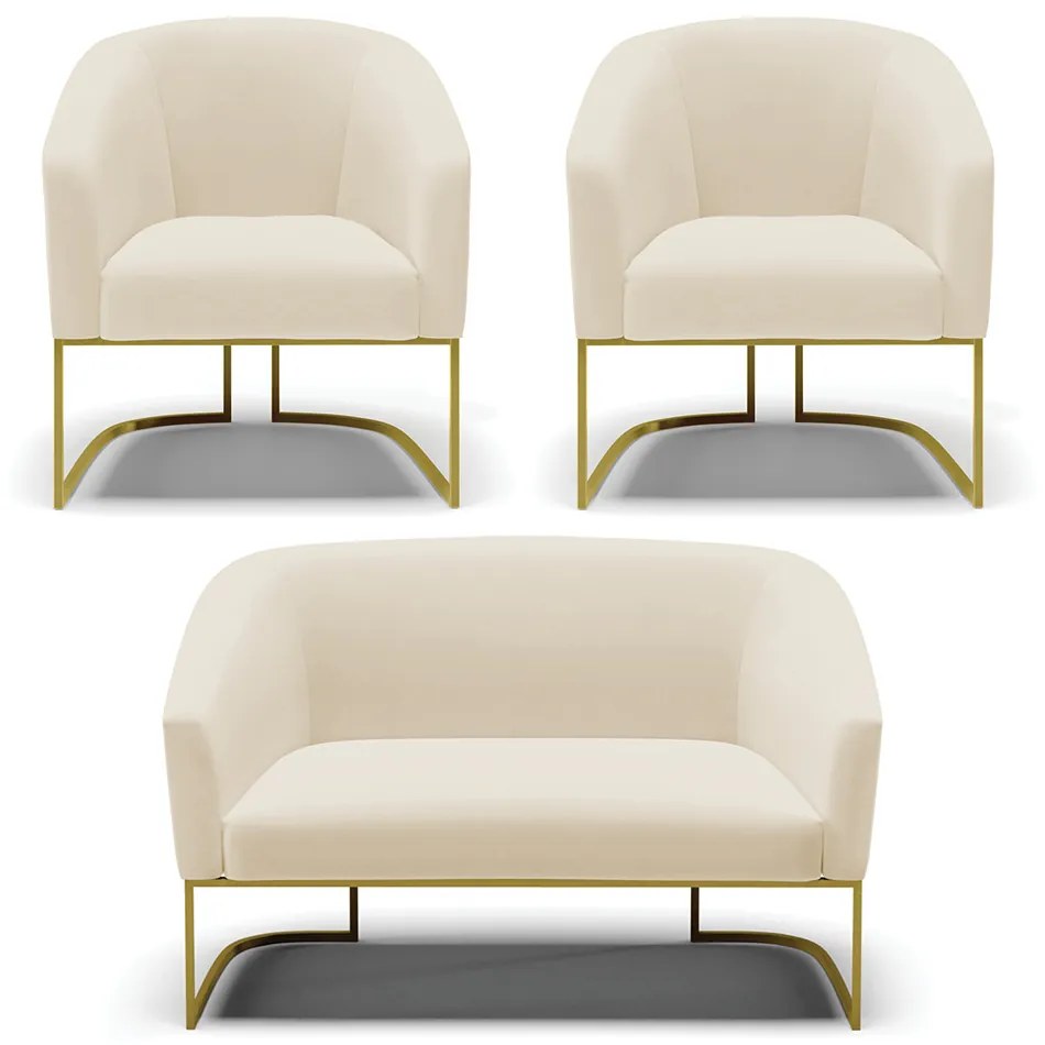 Namoradeira e 2 Poltronas Base Industrial Dourado Stella Linho D03 - D'Rossi - A19 Bege