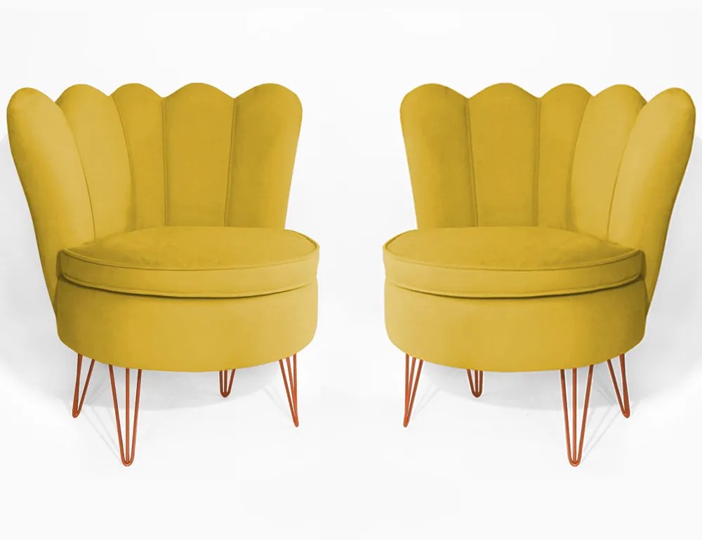 Conjunto 2 Poltrona Dália Pés Hairpin Legs Bronze Veludo Amarelo