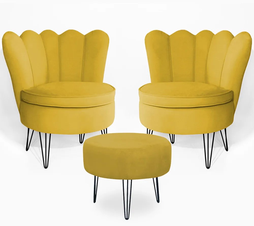 Conjunto 2 Poltrona Dália com Puff Chloe Pés Hairpin Legs Preto Veludo Amarelo