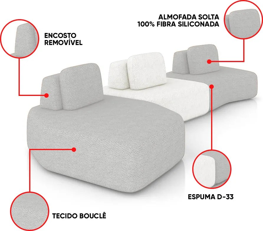 Sofá 3 Lugares Orgânico com Chaise e 2 Módulos Berlim Bouclê Cz K01 - D'Rossi - Cinza Claro/Off White