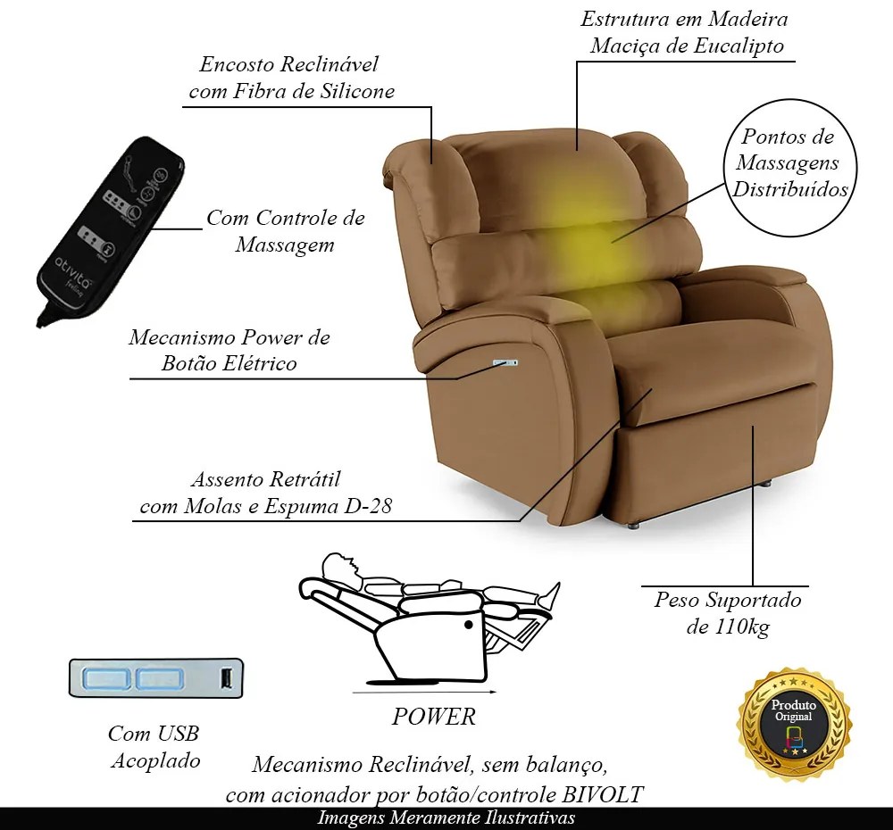 Poltrona do Papai Sala de Cinema Reclinável Kylie Elétrica Botão com Led Massagem USB PU Caramelo G23