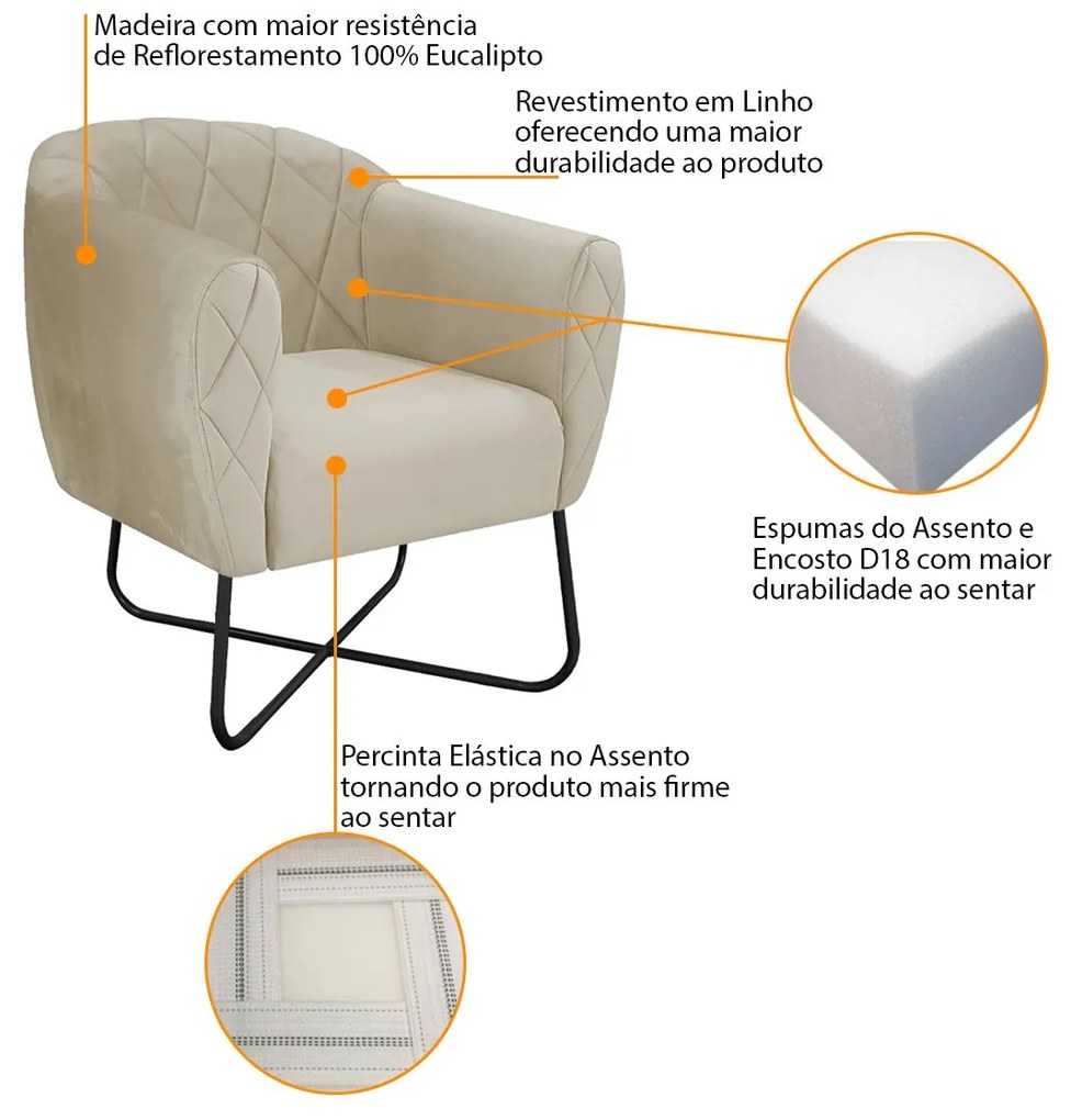 Poltrona Grazi Base X Preta Linho - ADJ Decor