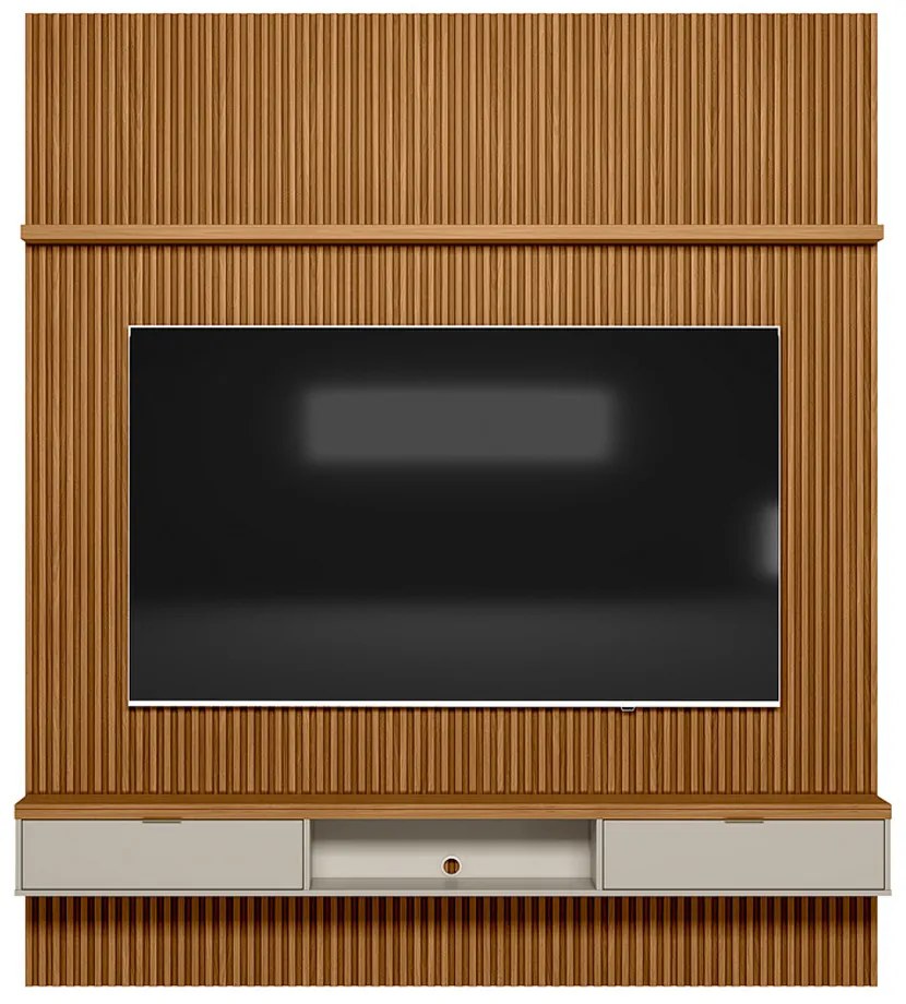 Painel para TV até 75 Polegadas Ripado Marisa com Nicho Bancada Nature e Off White 219x250 cm L04 - D'Rossi