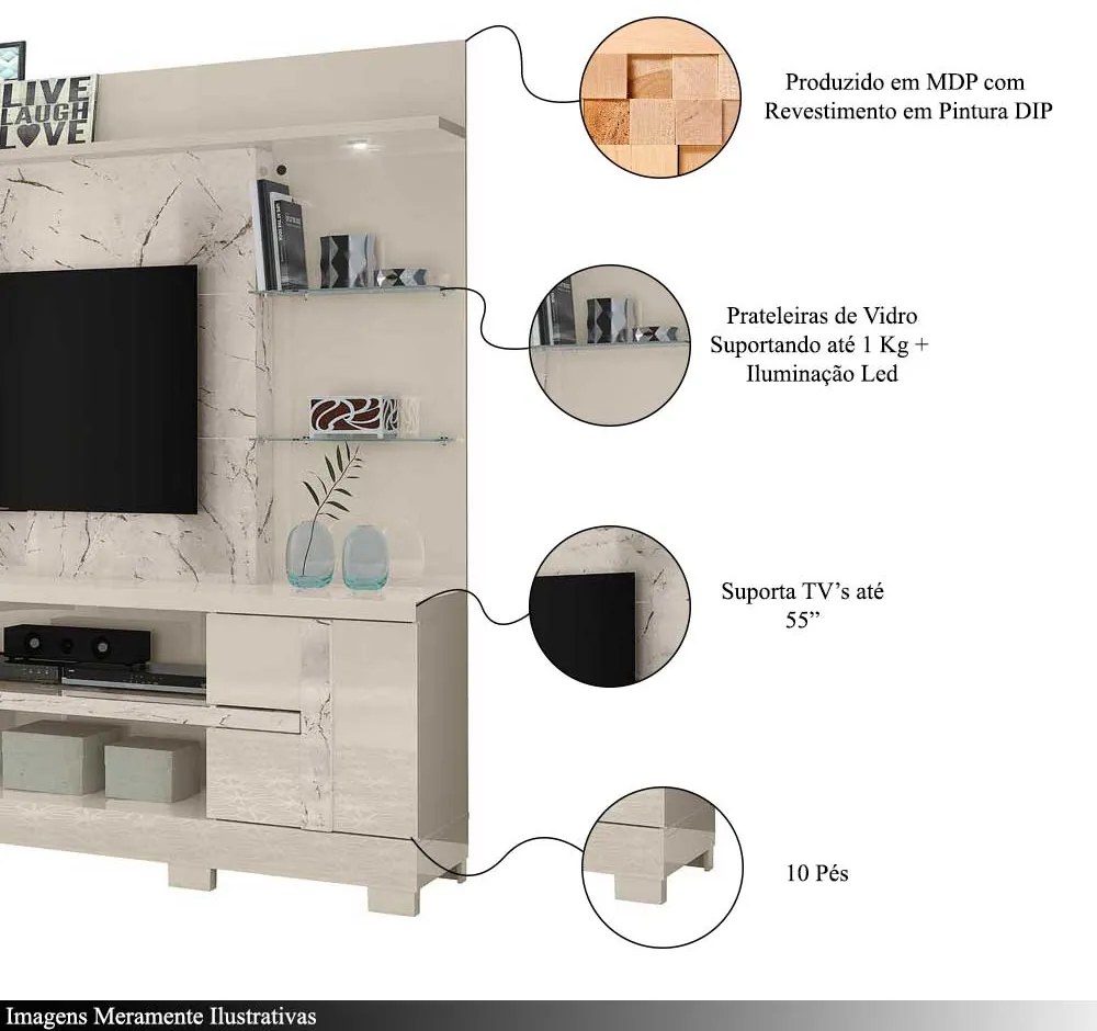 Home Theater Maxim Porta 2 Prateleiras Iluminação LED MDP até 55 Calacata/OffWhite G97 - Gran Belo