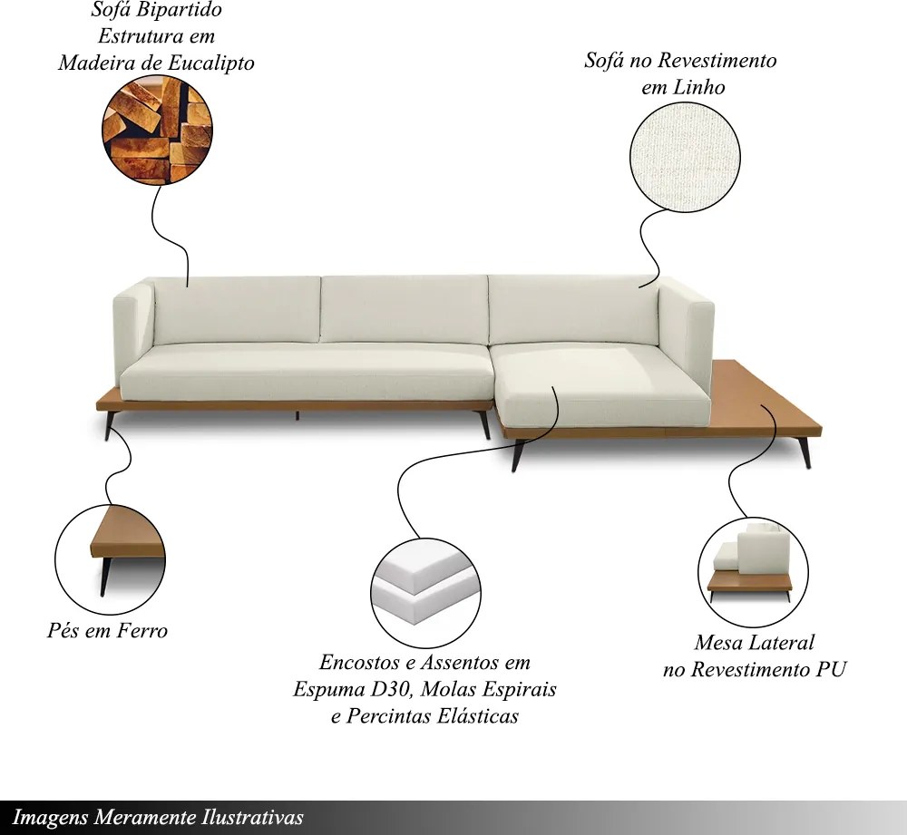 Sofá Sala de Estar Living Design Moderno 330cm Mesa Lateral Pés de Ferro Manacor Linho e PU Bege/Caramelo Manchado G93 - Gran Belo