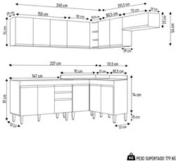 Armário de Cozinha Modulado de Canto 7 Peças CP22 Balcão sem Tampo Bra