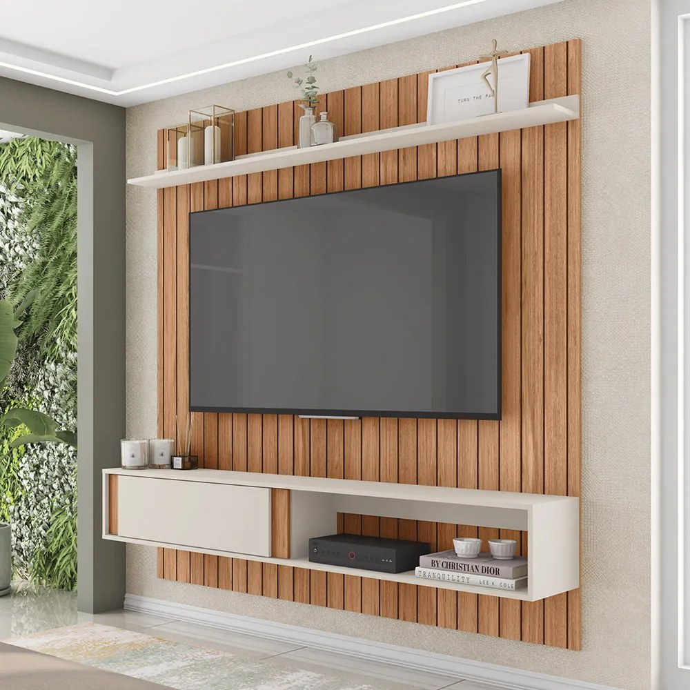 Painel TV 75 Pol 180cm Bancada Suspensa Ripado Eluni C01 - D'Rossi - Freijó/Off White