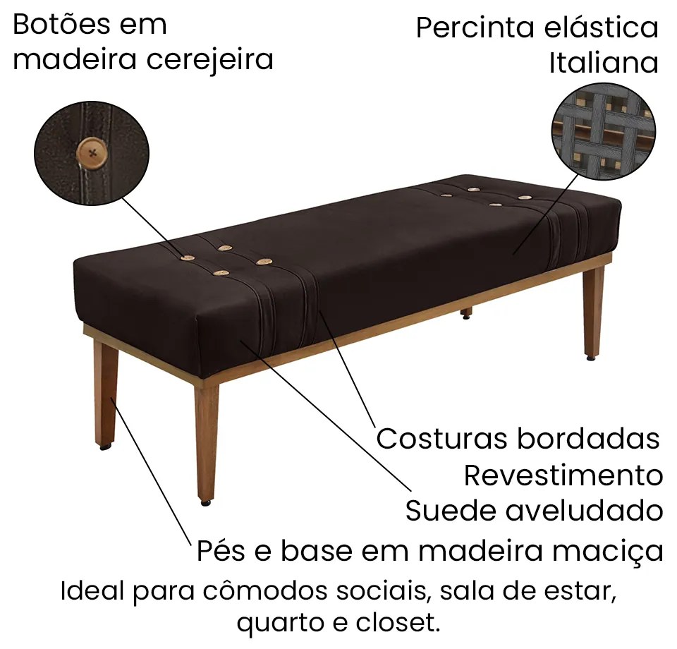 Divã Recamier Banco Base Madeira para Quarto Gênova 195cm Suede Café S04 - D'Rossi