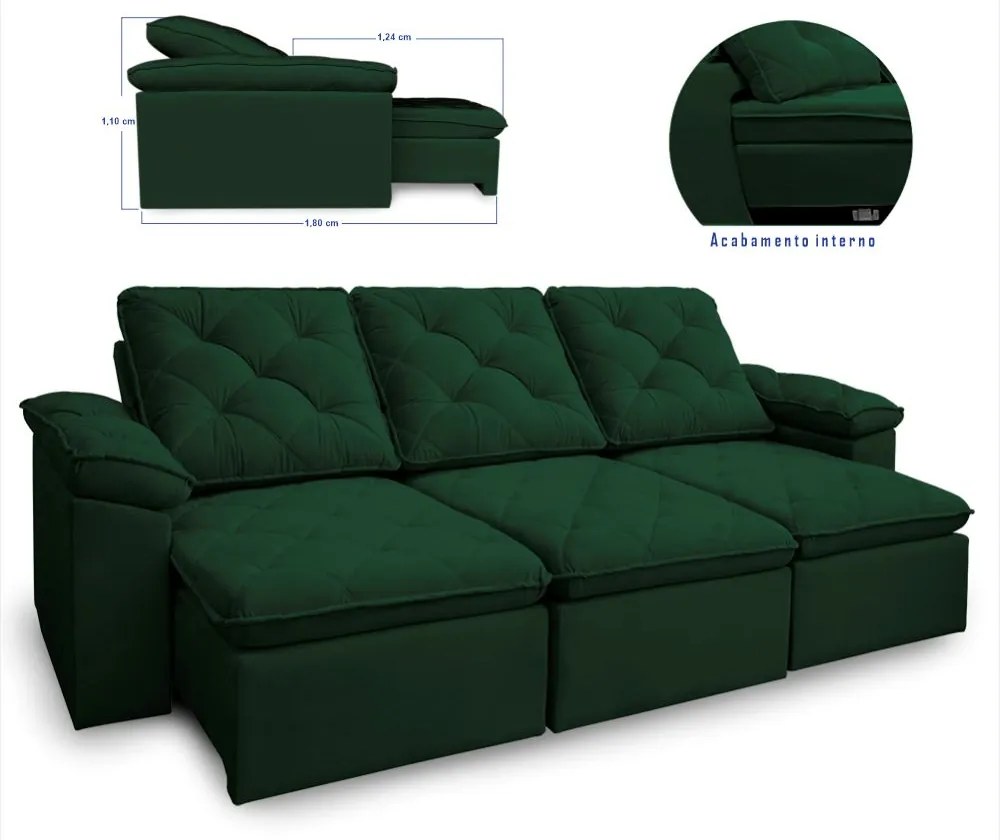 Sofá Reclinável Retrátil 3 Lugares 290cm Verus Veludo Verde - Sheep Estofados - Verde escuro