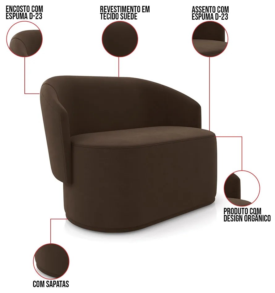 Sofá Namoradeira com Poltrona e Puff Orgânico Sala Malu Suede M11 - D'Rossi - Marrom