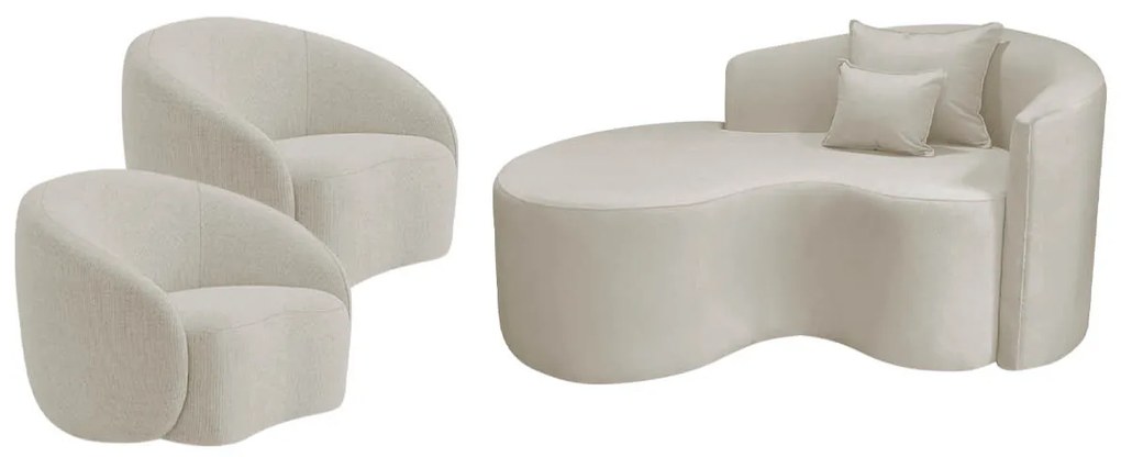 Kit Recamier Curvo Sala de Estar Inglaterra 150cm Lado Esquerdo e 2 Poltronas Orgânica Luxo Amore Linho