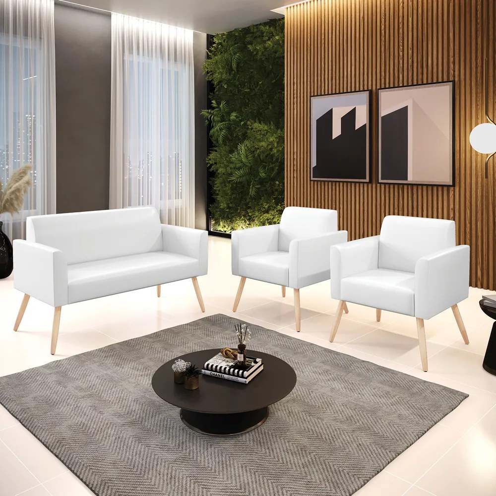 Sofá Namoradeira com 2 Poltronas Pés Palito Natural Marisa Corano D03 - D'Rossi - Branco