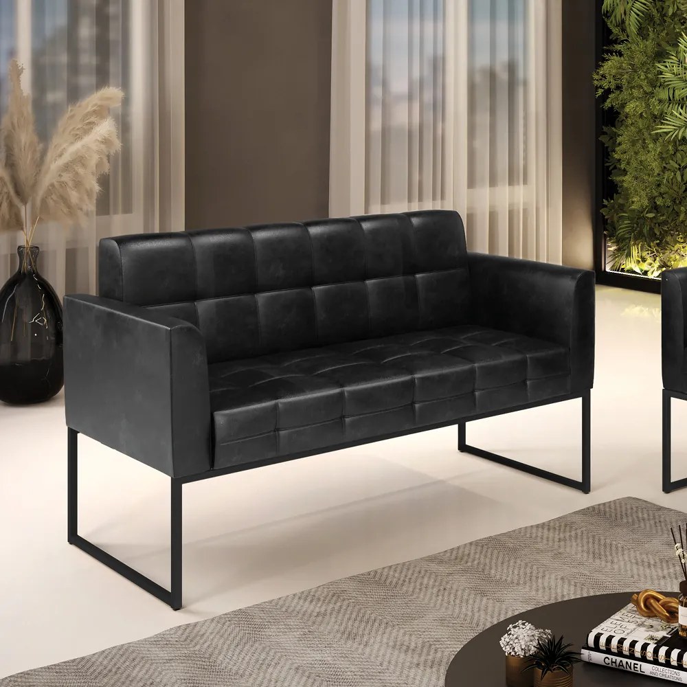 Sofá Namoradeira Elisa Corano Preto Base Metálica Industrial Preto D03 - D'Rossi