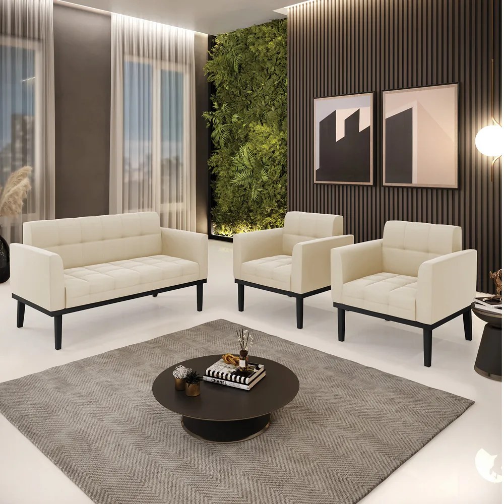 Conjunto 2 Poltronas e 1 Namoradeira Decorativa Karen Pés Fixo em Madeira Preto Suede Bege G19 - Gran Belo