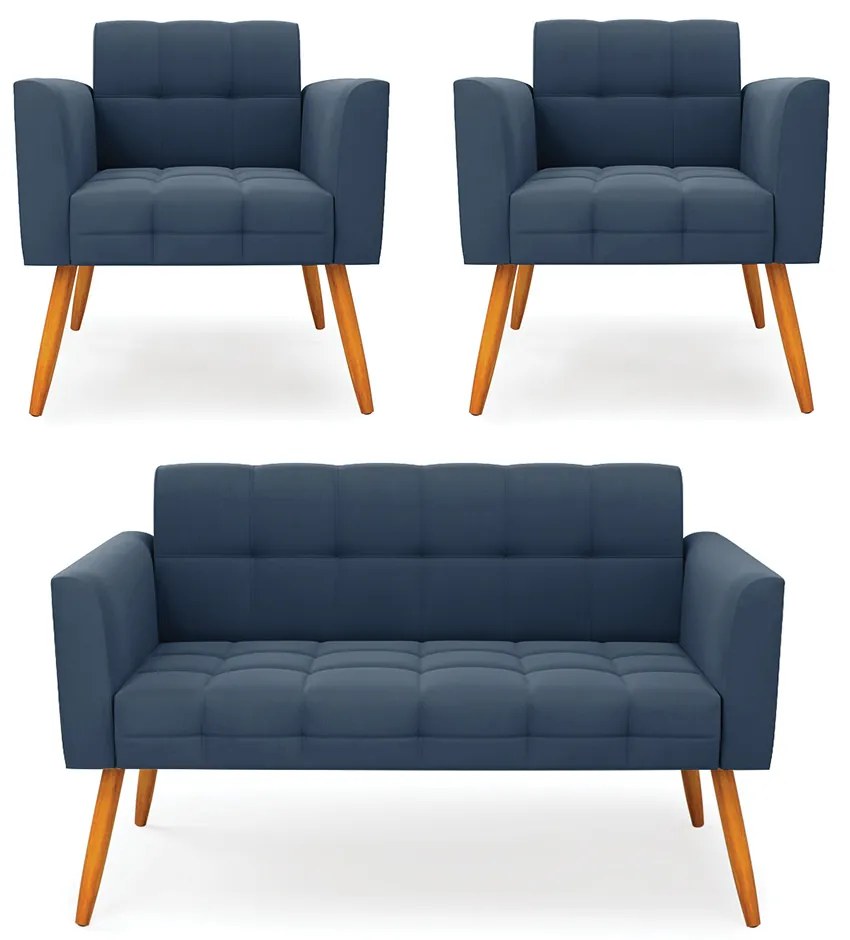 Kit 1 Sofá Namoradeira e 2 Poltronas Elisa Suede Pés Palito Castanho - D'Rossi - Azul Marinho