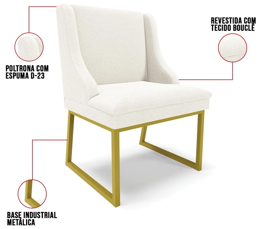Cadeira Sala de Jantar Industrial Dourado kit 4 Liz Bouclê D03 - D'Rossi - Off White