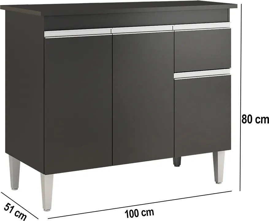 Balcão Cozinha com Tampo 100cm 3 Portas Taylla A01 - D'Rossi - Preto