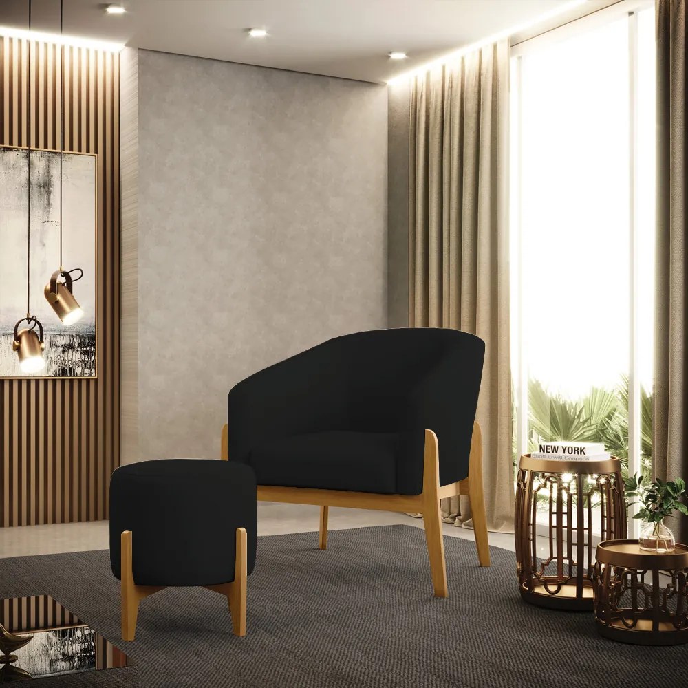 Puff Banqueta Decorativo Base Madeira Stella Linho D03 - D'Rossi - A79 Preto