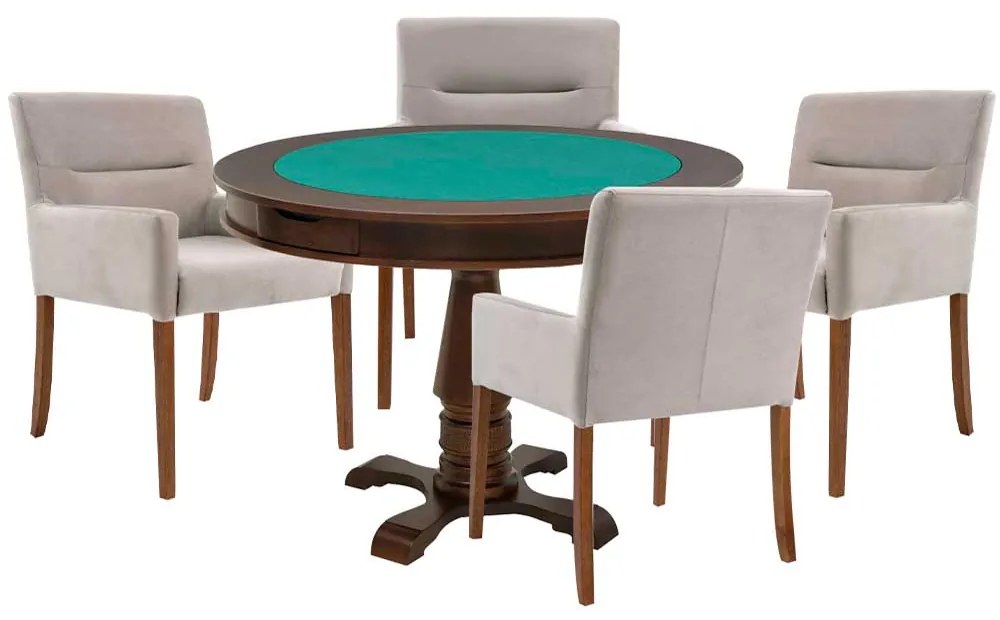 Mesa de Jogos Carteado Victoria Redonda Tampo Reversível Imbuia com 4 Cadeiras Vicenza Nude G36 G15 - Gran Belo