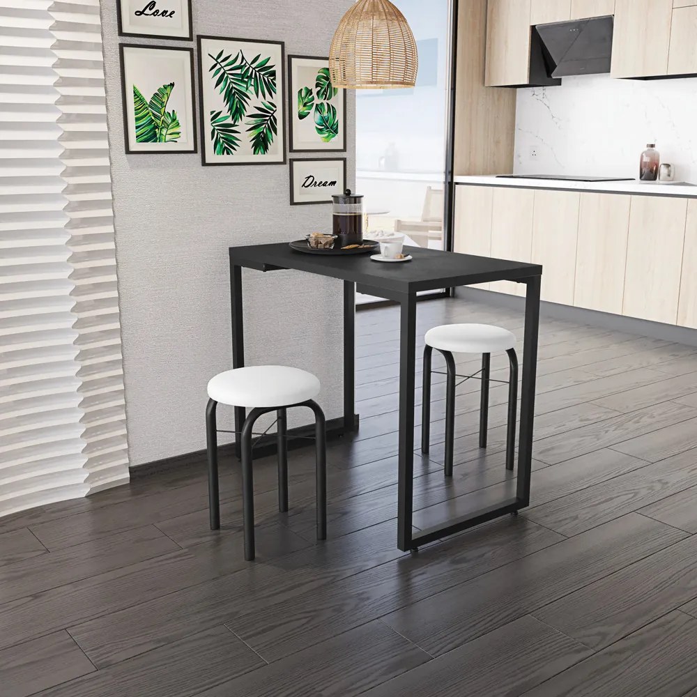 Mesa de Cozinha Industrial Porto Preto 90 cm com 02 Banquetas Manu Corino Branco - D'Rossi