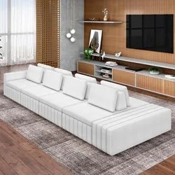 Sofá Ilha e Puff Sala Living 465cm Siesta M22 Boucle Bege Claro - Mpoz