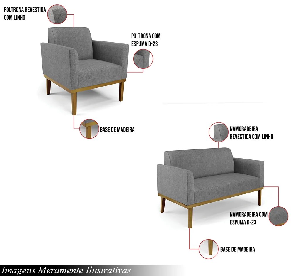 Conjunto 2 Poltronas e 1 Namoradeira Decorativa Isabella Pés Fixo em Madeira Castanho Linho Cinza Mesclado G19 - Gran Belo