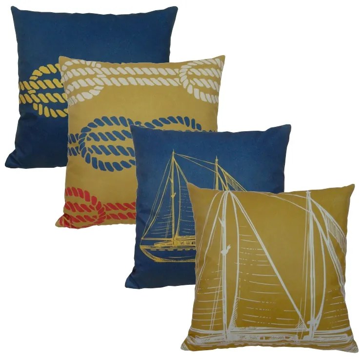 Almofada Marine Tons Mostarda e Azul 45x45cm - Vela - Com Enchimento