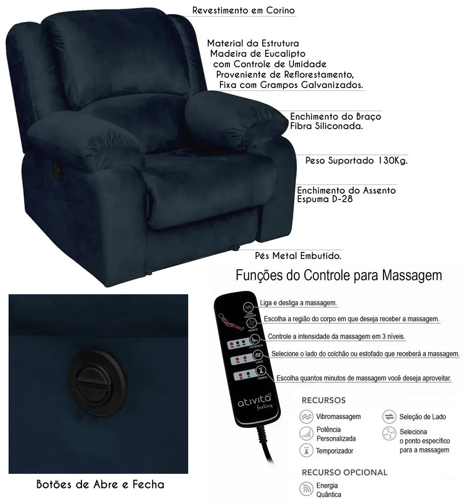 Poltrona do Papai Reclinável Elétrica com Massagem Magnum Veludo Azul Clássico G23 - Gran Belo