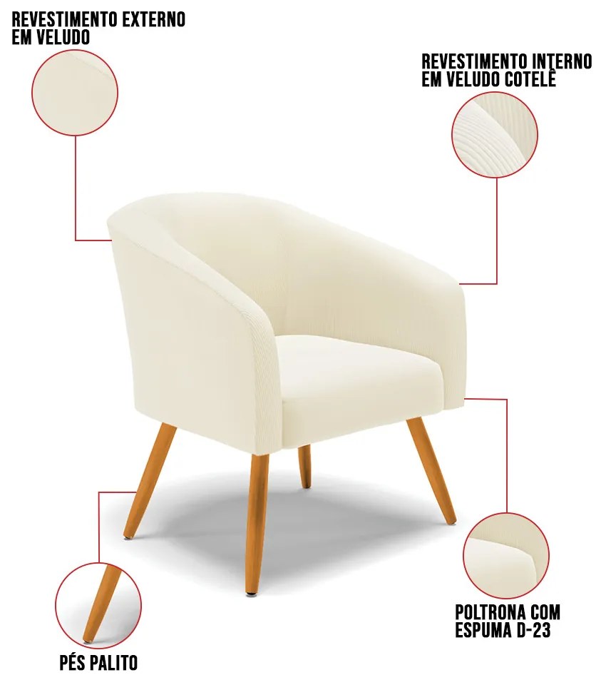 Poltrona Decorativa Pé Palito Castanho Stella Cotelê Int/Veludo D03 - D'Rossi - Off White
