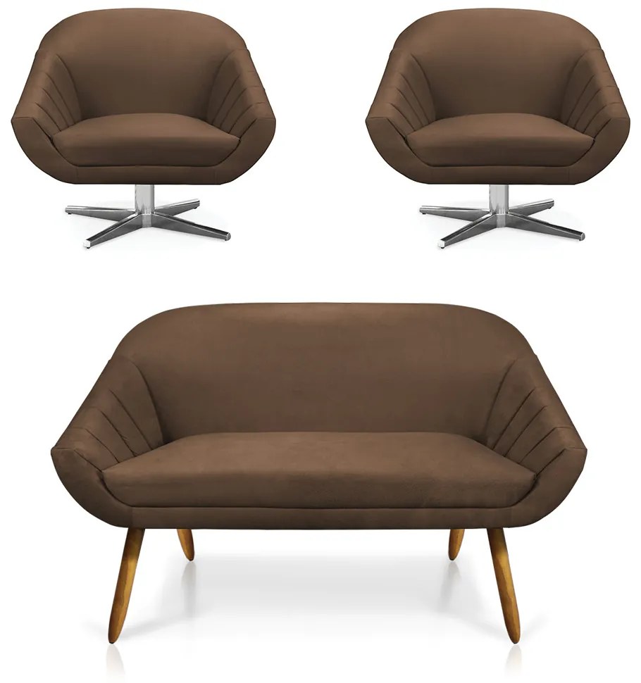 Kit 01 Namoradeira 02 Lugares e 02 Poltronas Giratória Giovana Suede Base Cromada - D'Rossi - Marrom