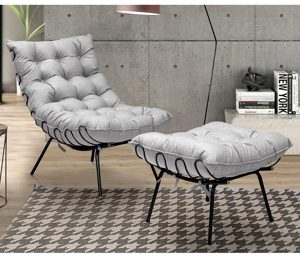 Conjunto Decorativo Poltrona e Puff Abel Base de Ferro Preto Linho Cinza G41 - Gran Belo