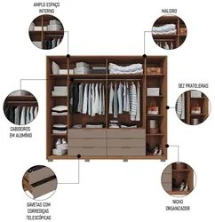 Guarda Roupa Casal Com 4 Espelhos 6 Portas Martin C01 Buriti/Fendi - M