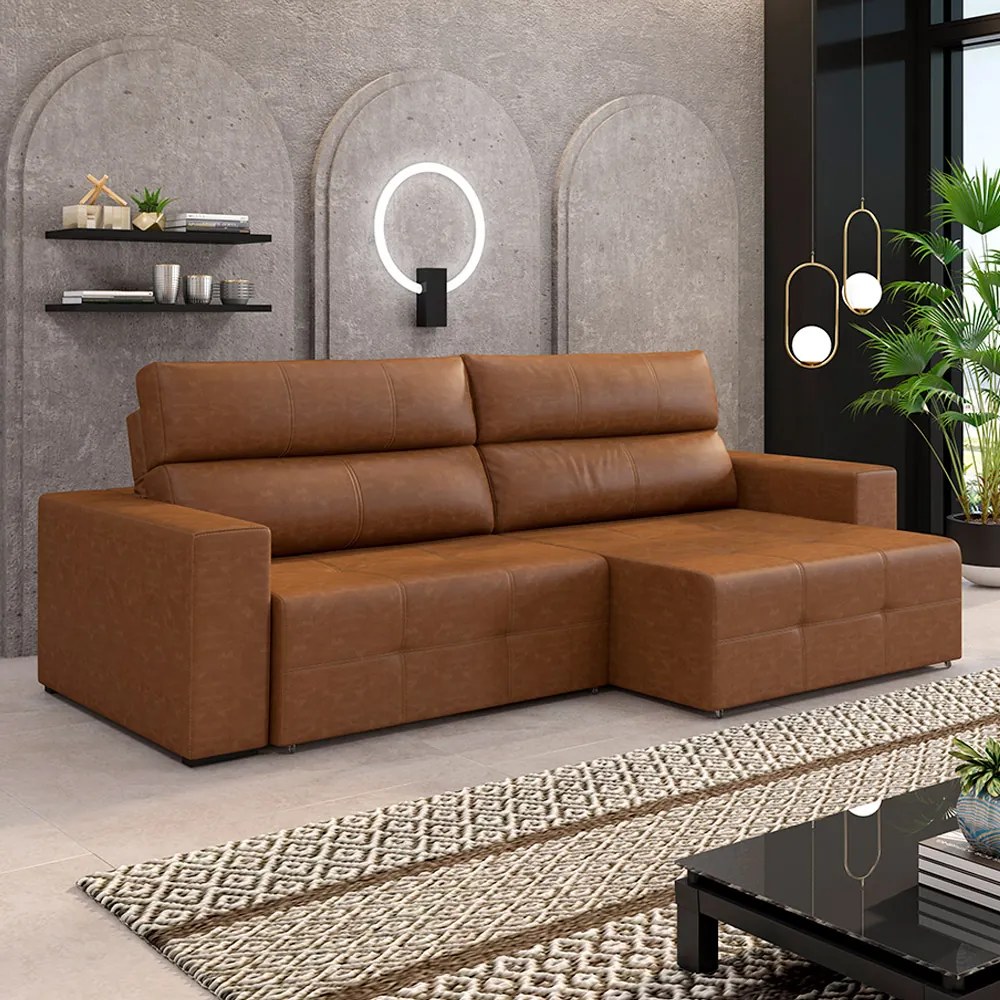 Sofá Retrátil 3 Lugares 244cm 2 Módulos Nero Couro Caramelo Manchado G52 - Gran Belo