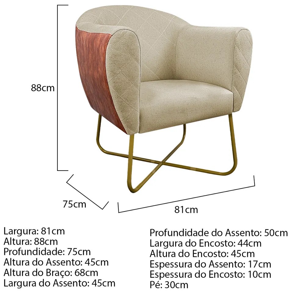 Kit 02 Poltronas Grazi Base X  Dourada Sintético Nozes Linho - ADJ Decor