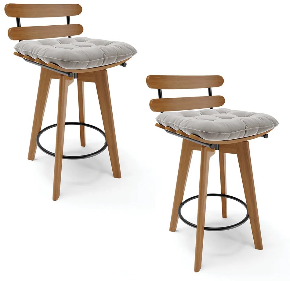 kit 02 Banquetas Giratória Costela Veludo Cinza Base Madeira MA70 - DRossi