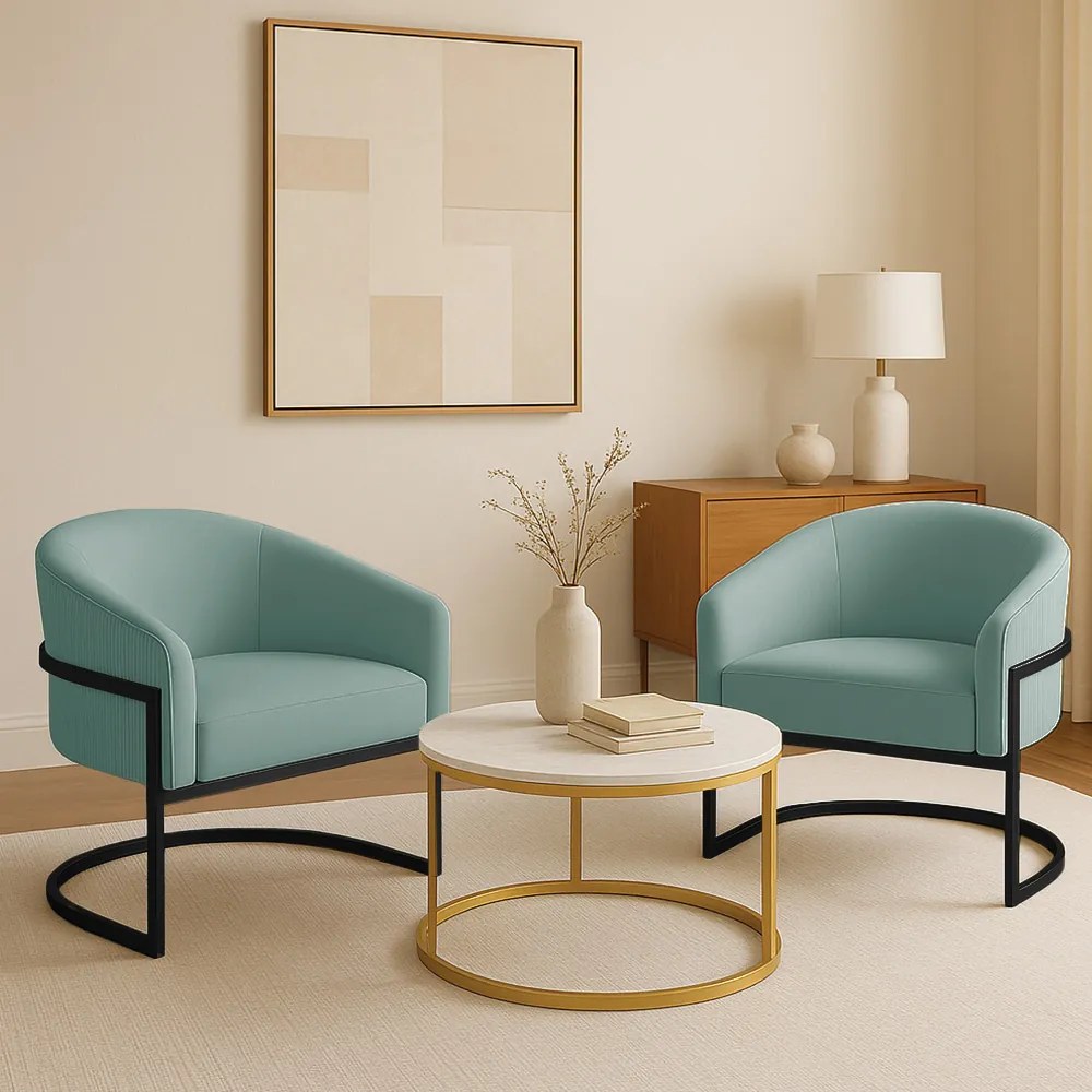 Poltrona Sala Industrial Preto Kit 2 Arielle Veludo Cotelê Menta D03 - D'Rossi