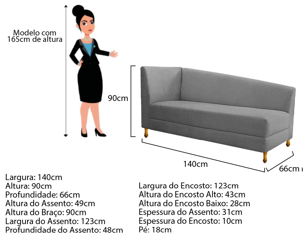 Recamier Valéria 140cm Lado Direito Suede Cinza - ADJ Decor
