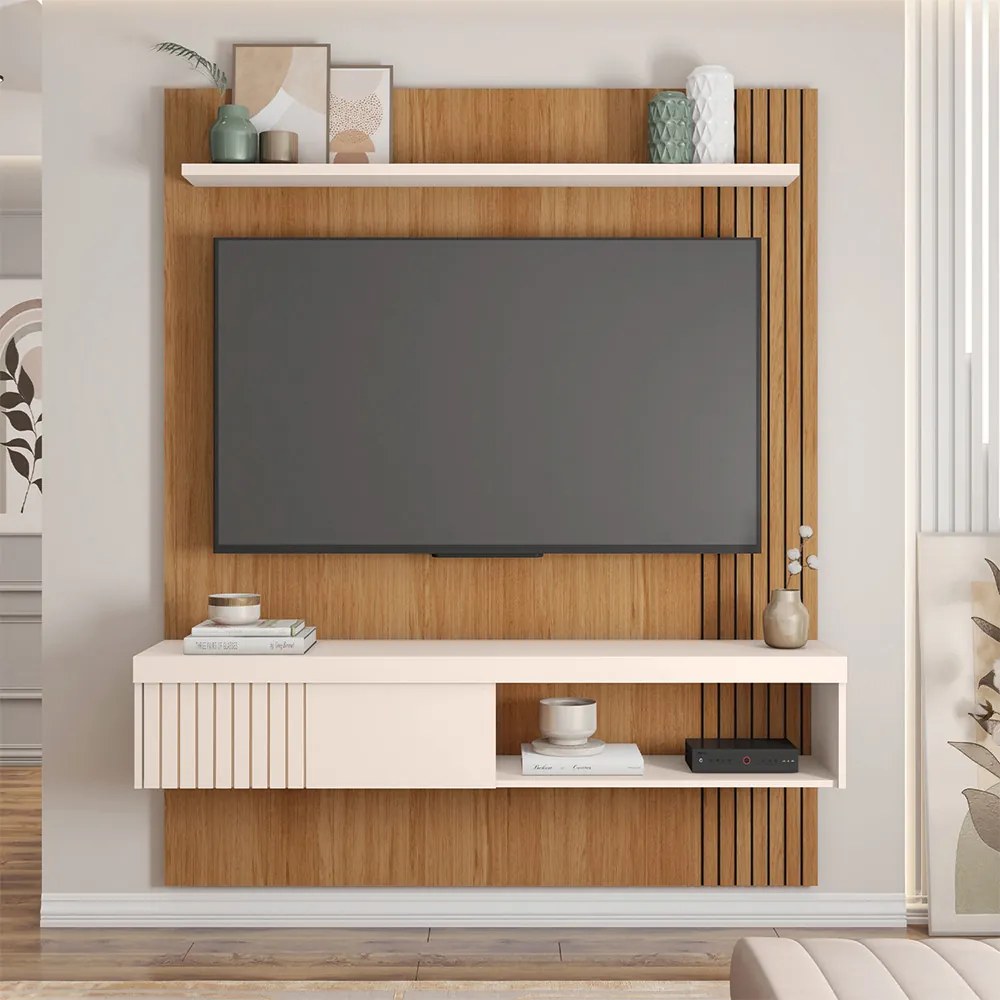 Painel Selina Ripado 150cm para TV até 55 com Porta de Correr e Prateleira MDP Freijo/OffWhite G11 - Gran Belo