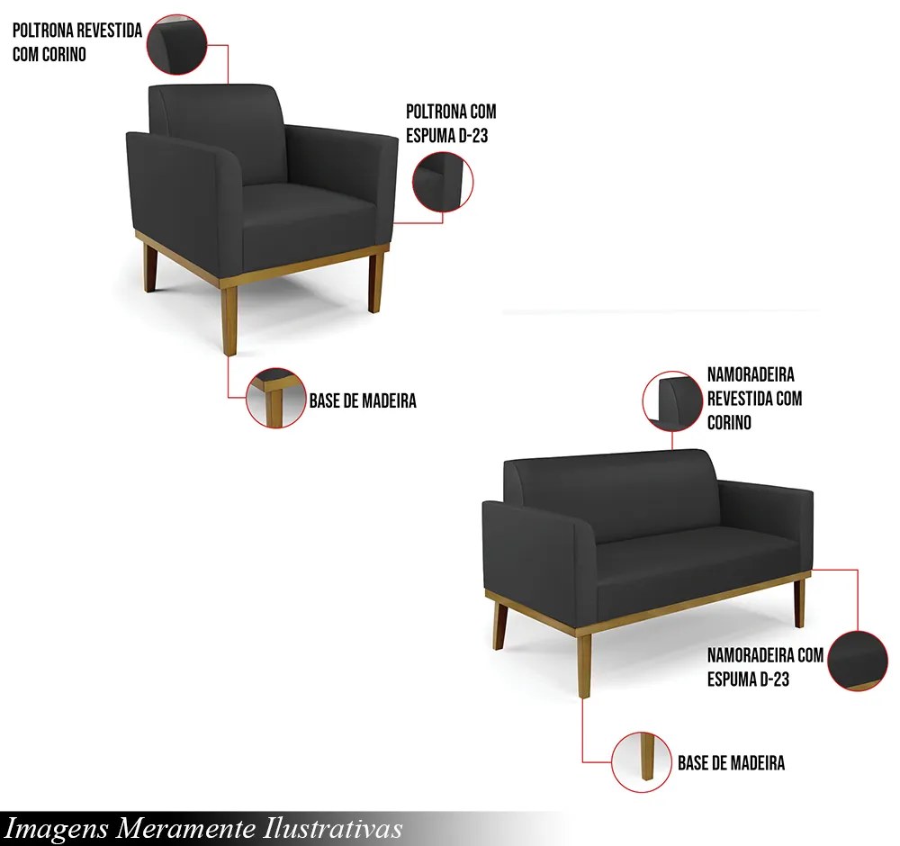 Conjunto 2 Poltronas e 1 Namoradeira Decorativa Isabella Pés Fixo em Madeira Castanho PU Preto G19 - Gran Belo