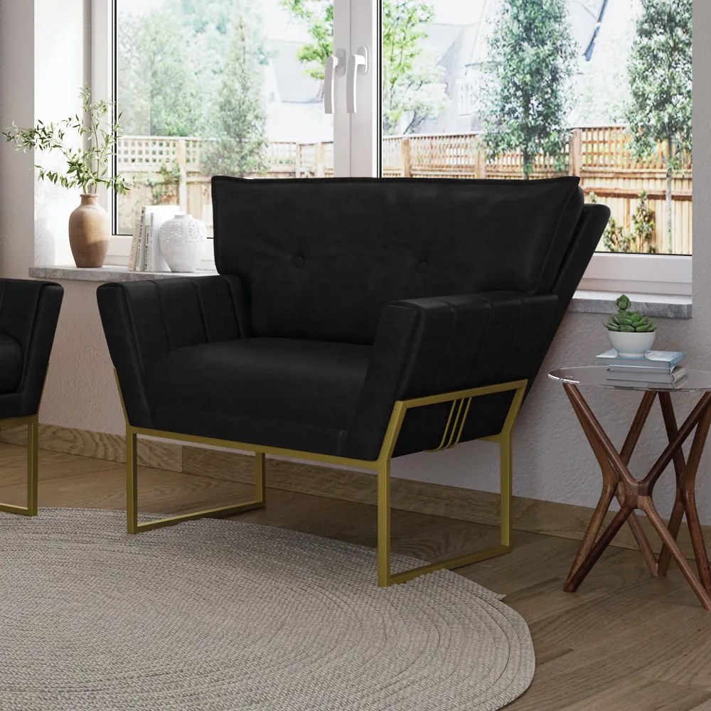 Poltrona Sala Industrial Dourado Kit 2 Anitta Sintético PU D03 - D'Rossi - Preto