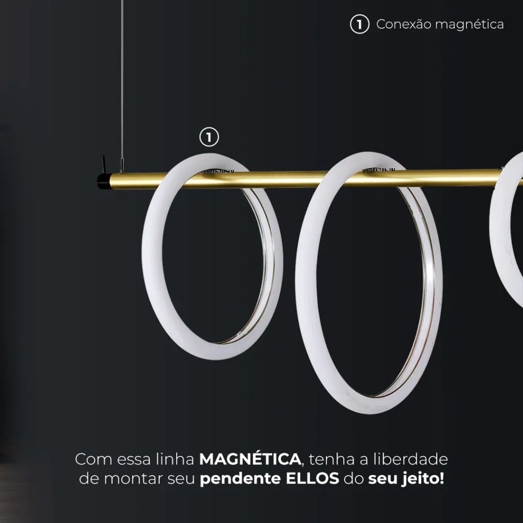Pendente Ellos Com Haste Fixa 04 Argolas Magnéticas 120X100X30Cm Led 5... (Preto / Champanhe)