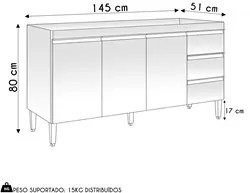 Balcão de Cozinha Para Pia 150cm 3 Gavetas Andréia Amêndoa/Preto - AJL