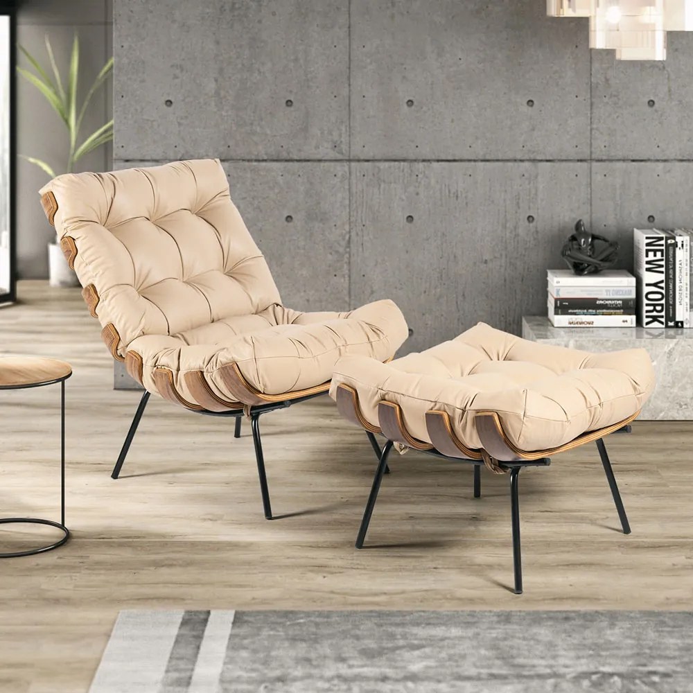 Poltrona e Puff Decorativos Sala de Estar Costela Couro Bege G34 - Gran Belo