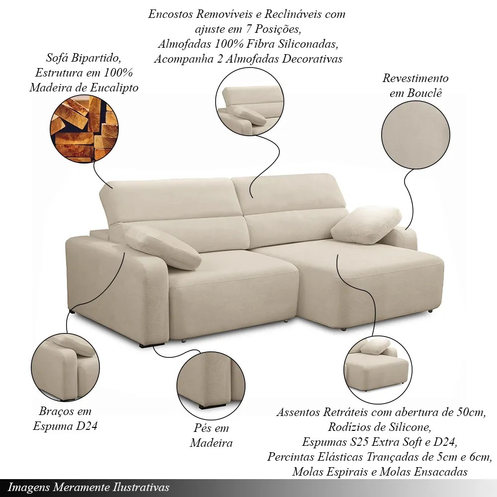 Sofá Decorativo Sala de Estar Ibiza 3 Lugares 220cm Reclinável e Retrátil Bouclê Bege Claro G89 - Gran Belo