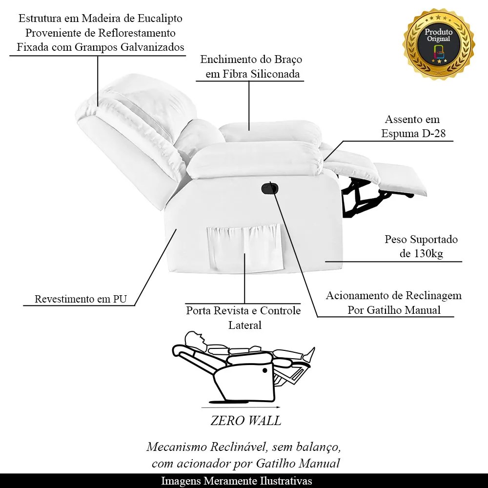 Poltrona do Papai Reclinável Sala de Cinema Madrid Manual PU Branco  G23