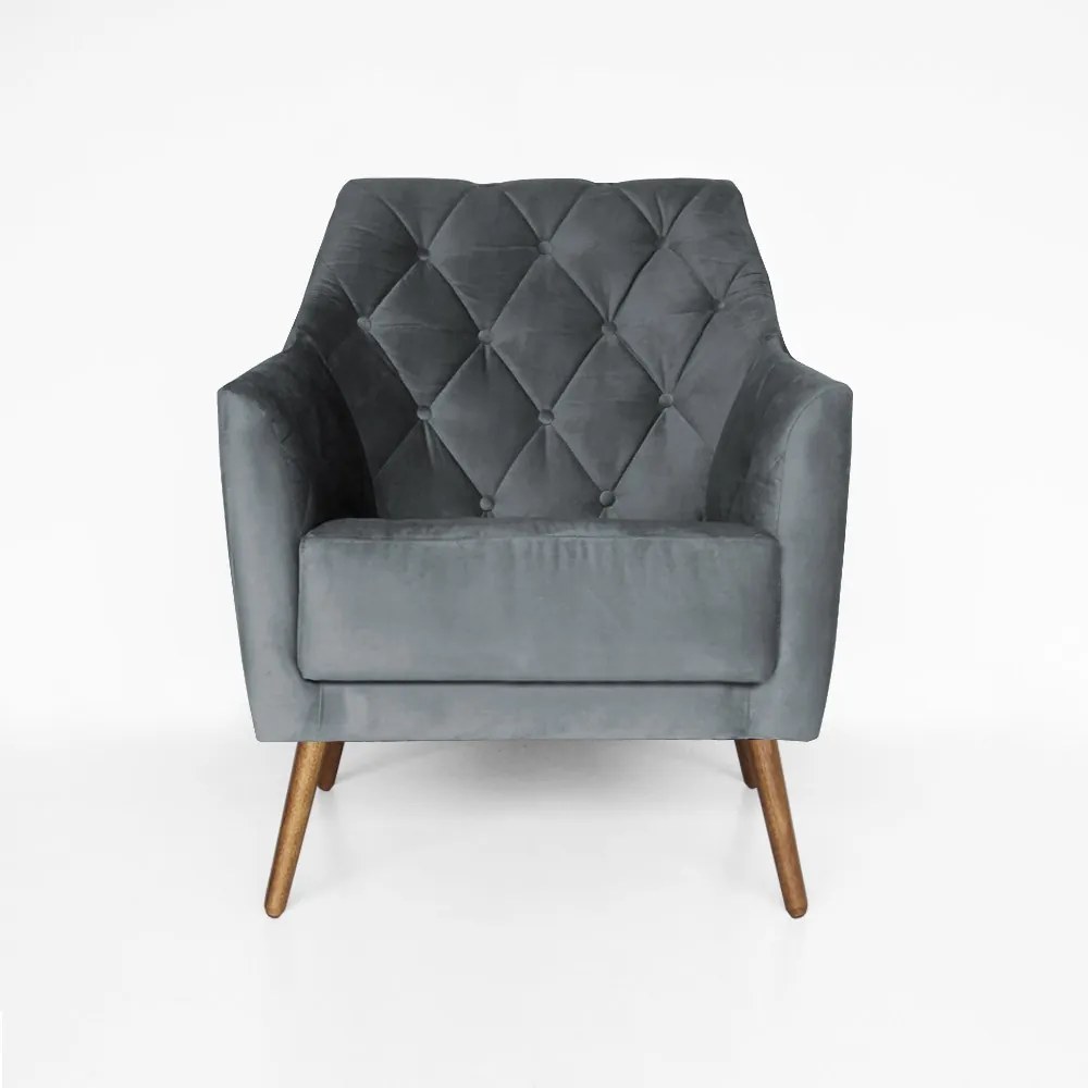 Kit 2 Poltronas Atena Decorativa Botonê Pés Palito Veludo Cinza