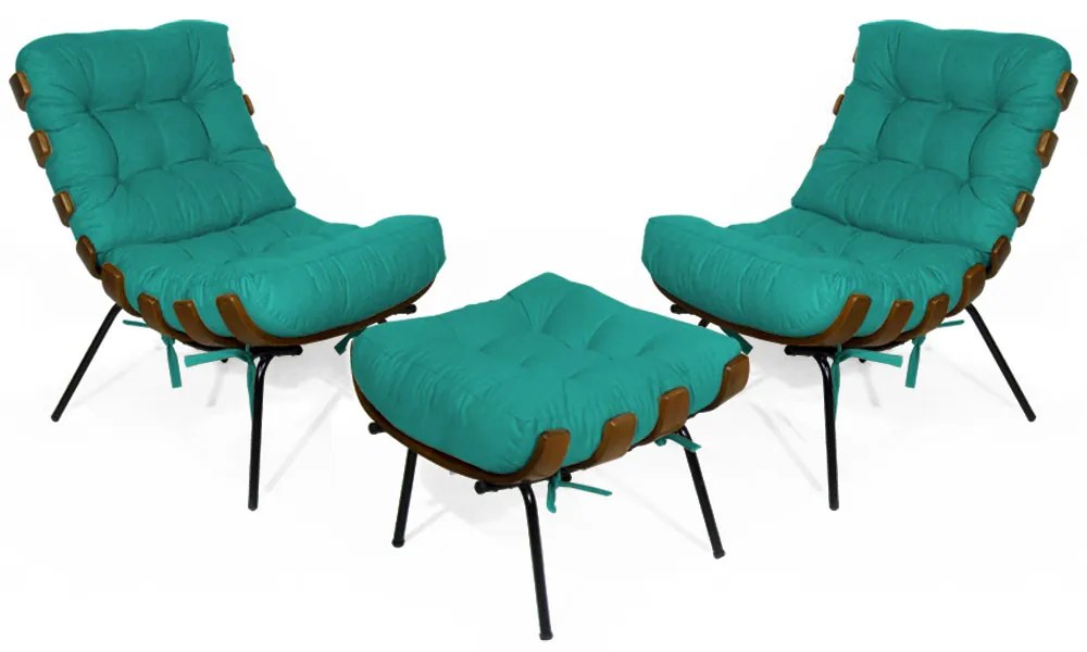 Kit 2 Poltronas Decorativa Costela Com Puff Costela Suede Azul Tiffany