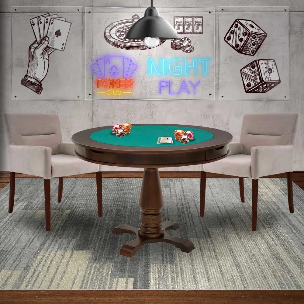 Mesa de Jogos Carteado Victoria Redonda Tampo Reversível Imbuia com 2 Cadeiras Vicenza Nude G36 G15 - Gran Belo