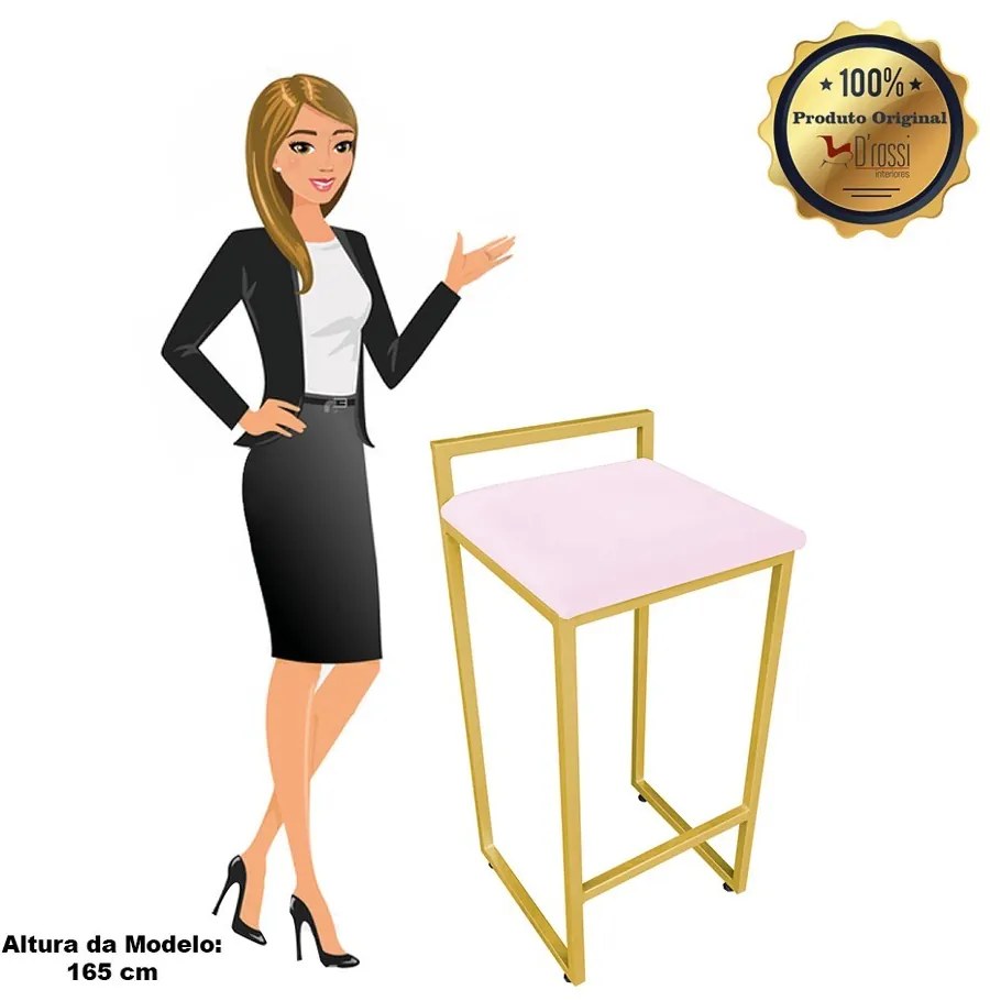 Banqueta Alta Industrial Pietra Suede Rosa Bebê Base Dourado D'Rossi